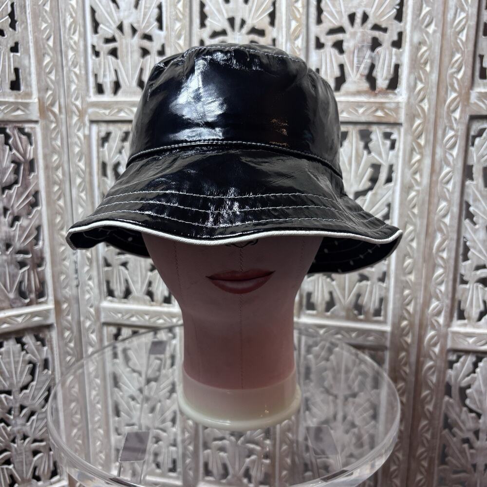 Bucket Hat Women's One Size Reversible Polka Dot Black White + Shiny black side